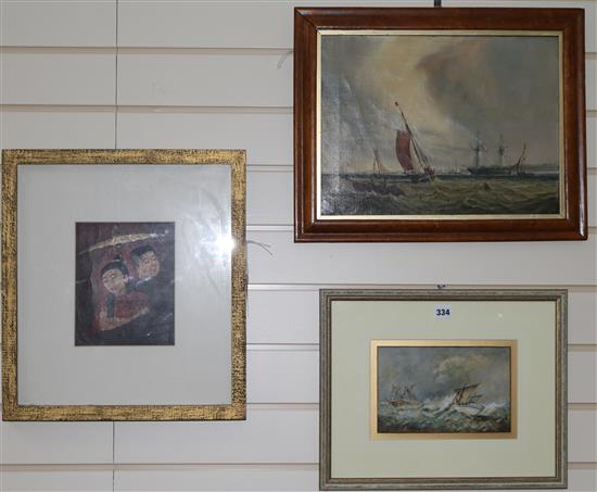 19C English School, oil on canvas, sailing ships off the coast in maple frame, Chinese School portrait and a watercolour of a wreck (3)